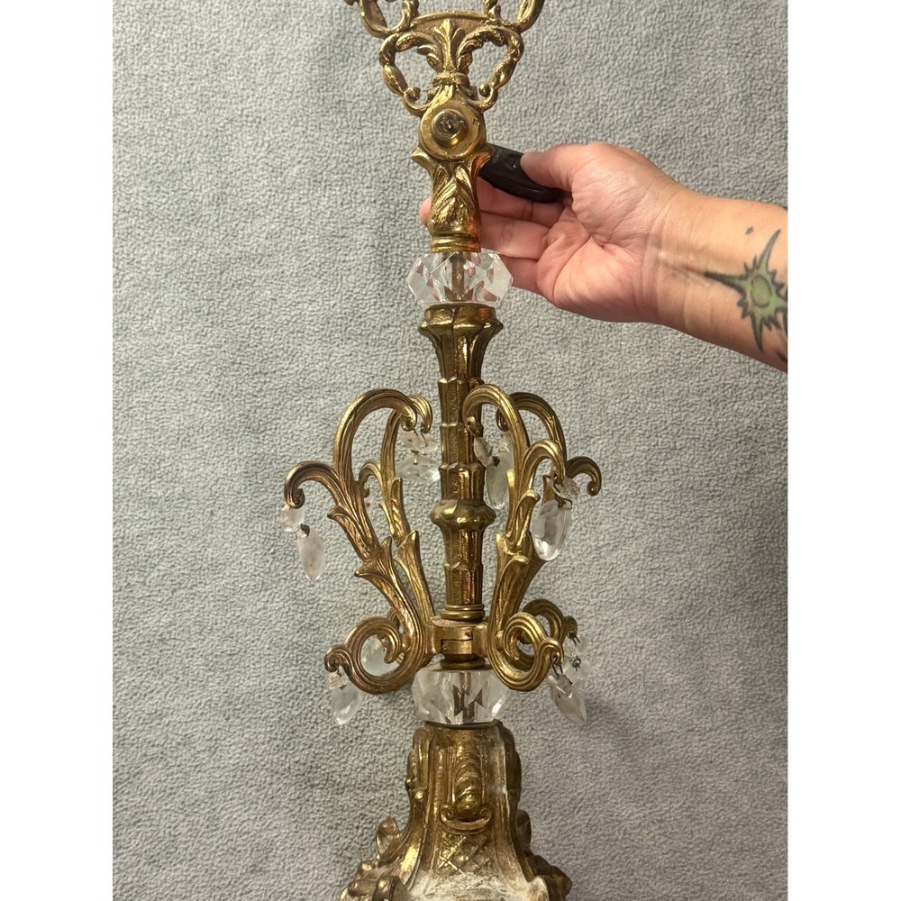 Vintage Brass Girandole Lamp Base French Rococo Crystal Prisms Hollywood Regency